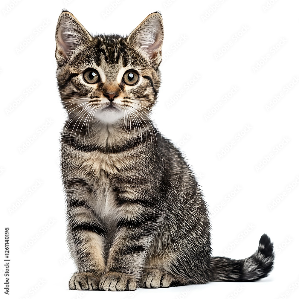 Fototapeta premium Cute tabby kitten sitting, white background, pet adoption