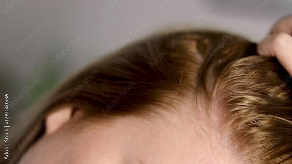 Close up of a female applying serum on her scalp with hair with a a white bottle Close up of a female applying serum on her scalp with hair with a a white bottle