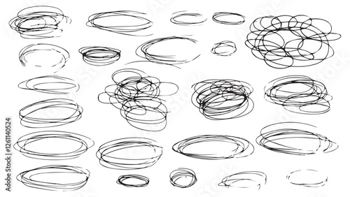 Black doodles in the shape of ovals and circles, set of black frames for decoration and design, geometric shapes drawn with pen, children's doodles, highlight circle frames, ellipses in doodle style