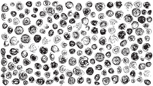 Abstract black and white background with doodles, pattern drawn in ink in the form of roses, black round prints on a white background, set of black blots, abstract floral background