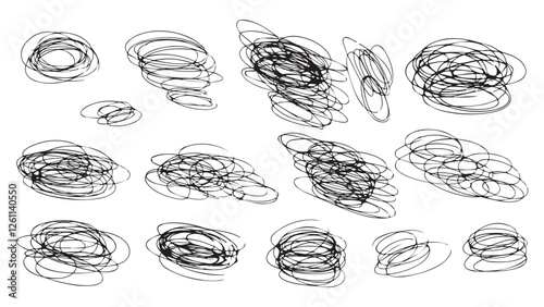 Black pen doodles in the shape of circles and ovals, abstract collection of children's doodles, black doodles in the shape of ovals and circles for decoration and design, ellipses in doodle style