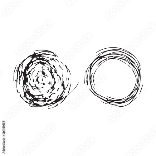 Tangled scribble brain doodle outline icon sign hand drawn ink sketch, abstract design element, confused thoughts concept, chaotically tangled line and untied knot in form of circle, unravels health