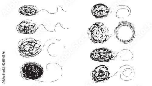 Set of chaotically tangled line and untied knot in the shape of circle, psychotherapy concept of solving problems is easy, chaos and mess line circle, psychotherapy concept, problem solution symbol