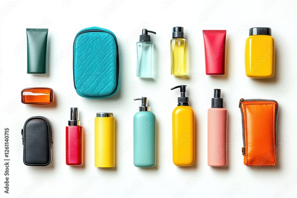 Colorful collection of personal care items arranged neatly on a light background showcasing various types of containers and packages Colorful collection of personal care items arranged neatly on a light background showcasing various types of containers and packages
