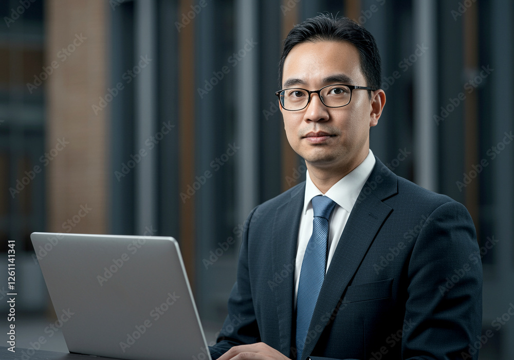 Business person with laptop in modern office setting focused on work and productivity Business person with laptop in modern office setting focused on work and productivity