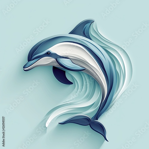 Dolphin swimming gracefully against a soothing blue background with flowing paper-like textures photo