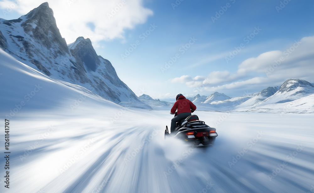 A person riding a snowmobile at high speed through a snowy mountain landscape. A person riding a snowmobile at high speed through a snowy mountain landscape.
