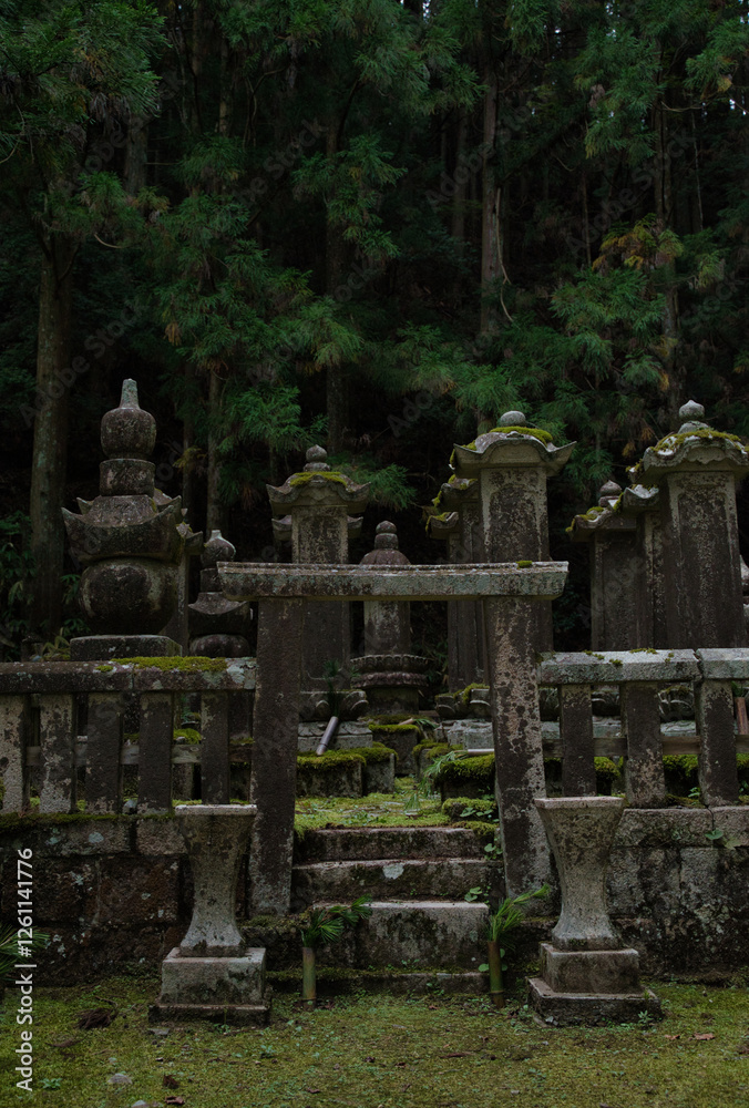 Vertical photograph of the old cemetery at sunset inside a forest, on Mount Koya, Okuno-in or Okunoin cemetery is a sacred area cemetery. In Wakayama prefecture, south of Osaka in Japan.
Vertical photograph of the old cemetery at sunset inside a forest, on Mount Koya, Okuno-in or Okunoin cemetery is a sacred area cemetery. In Wakayama prefecture, south of Osaka in Japan.