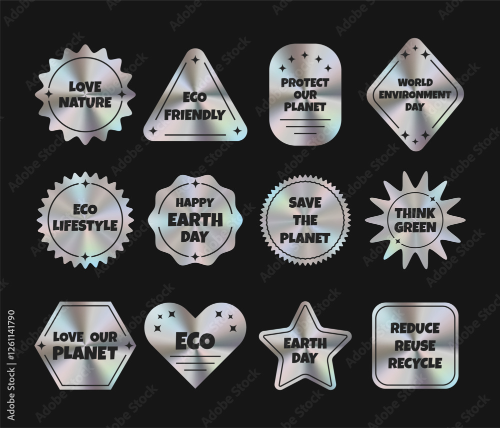 Obraz premium Set of silver holographic stickers, labels. On the theme of ecology, Earth Day, recycling. Vector illustration EPS10