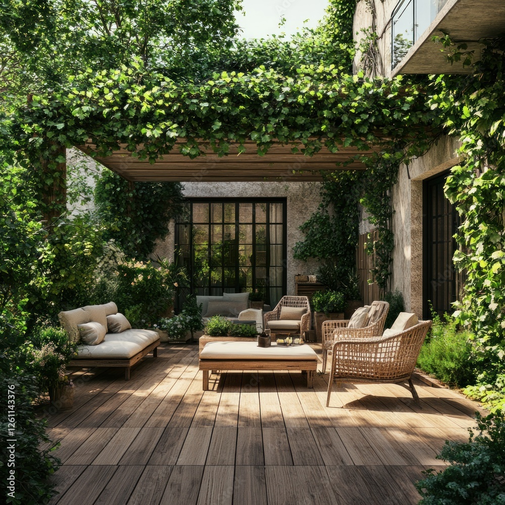 Obraz premium Lush Garden Patio with Wooden Pergola and Seating