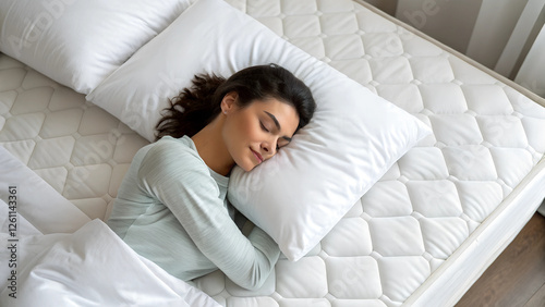 Top view of calm lady sleeping well on her back, resting, enjoying fresh cotton bedding, soft pillow and comfy mattress, copy space, banner
