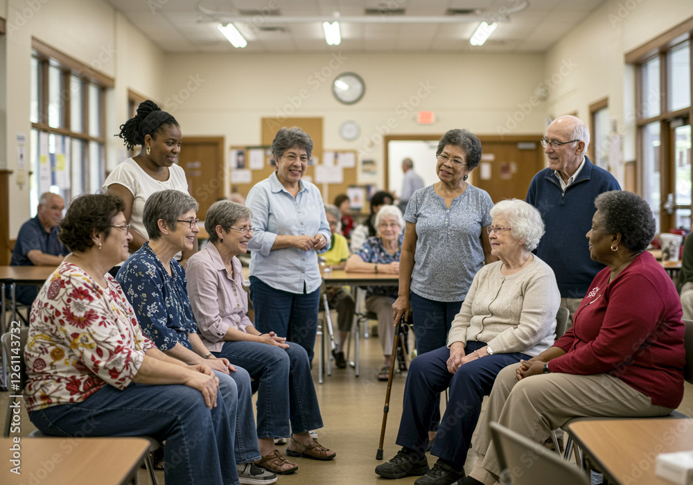 Group of older adults engaging in a social gathering at a senior community in a well-lit activity room Group of older adults engaging in a social gathering at a senior community in a well-lit activity room
