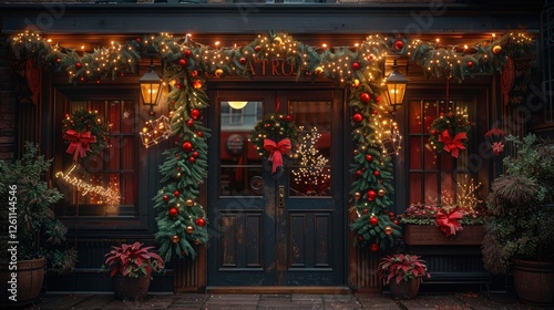 Festive storefront decorated with garlands, wreaths, lights, and ornaments for Christmas.