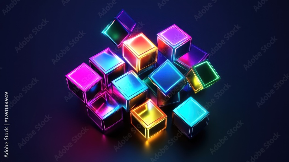 Fototapeta premium Colorful glowing cubes abstract background, data, technology