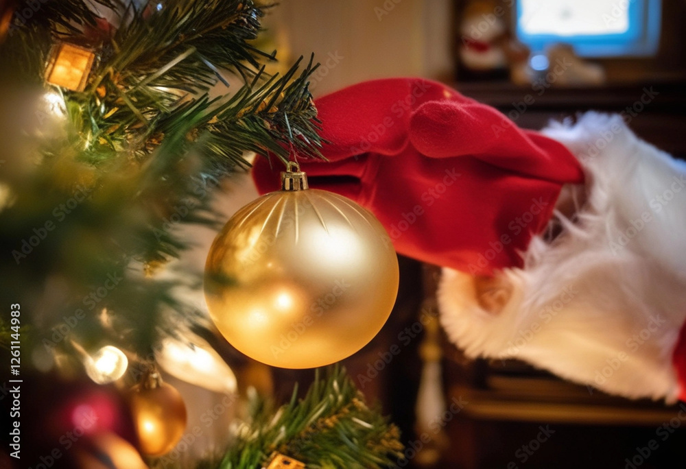 Obraz premium Extreme close up of Santa's gloves as he adjusts a Christmas ornament on the tree, with soft golden lights reflecting off the tree decorations.