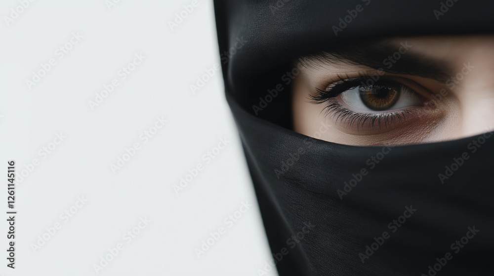 A close-up of a person's intense gaze partially covered by a black knitted balaclava. A close-up of a person's intense gaze partially covered by a black knitted balaclava.