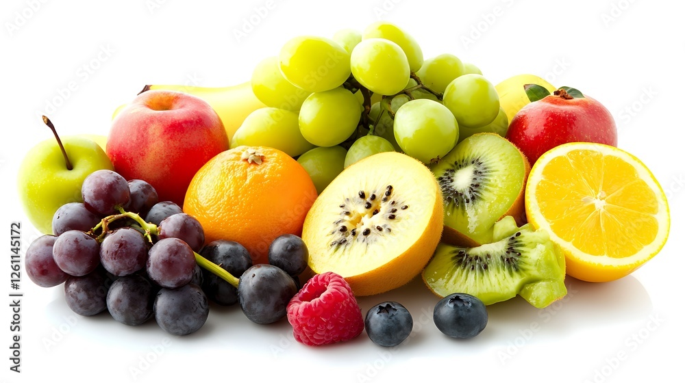 Fresh fruit assortment; healthy eating; white background; vibrant colors; food photography Fresh fruit assortment; healthy eating; white background; vibrant colors; food photography