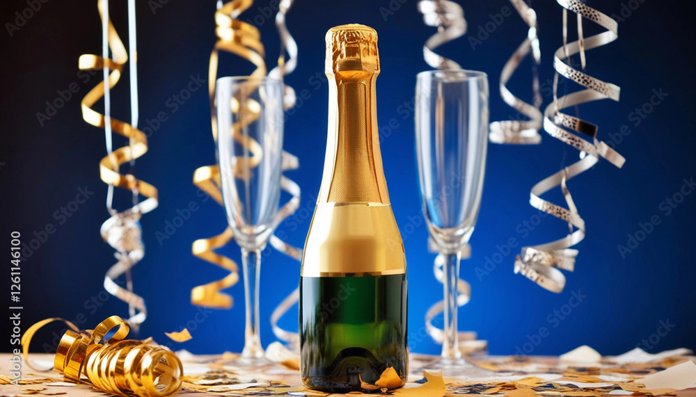 Φωτογραφία Extreme close up of a bottle of champagne with a popped cork, surrounded by gold and silver streamers, confetti, and empty glasses ready for the celebration
