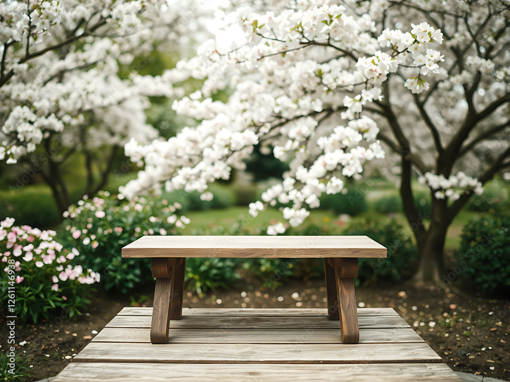Empty wooden table in sakura flower park background Empty wooden table in sakura flower park background