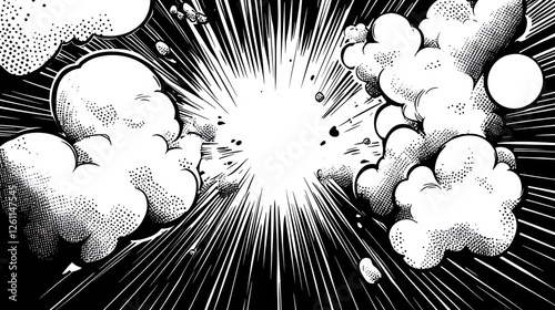 Comic book explosion; dynamic action, black and white