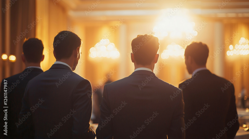 An image from a large business banquet where numerous businessmen have gathered in a grand hall for a meeting, sharing their business plans and making new contacts, a business incubator event. An image from a large business banquet where numerous businessmen have gathered in a grand hall for a meeting, sharing their business plans and making new contacts, a business incubator event.