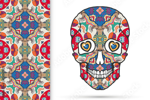 Day of The Dead colorful Sugar Skull with doodle ornament and decorative seamless floral geometric pattern. Hand drawn art background, tattoo, Halloween party card design, textile or paper print