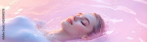 A serene woman peacefully floats in a vast pool of glowing liquid light, surrounded by soft, gentle waves that embody deep relaxation and renewal. Her expression reflects pure bliss photo