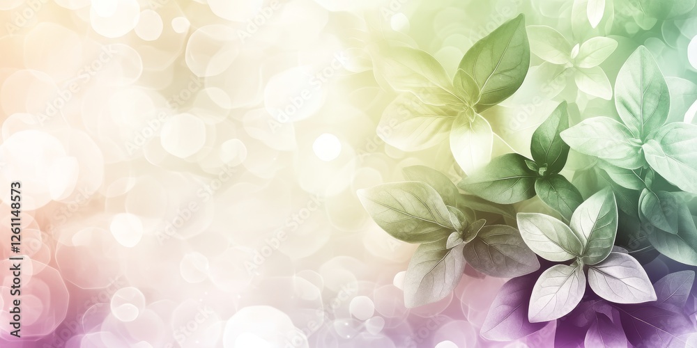 Obraz premium A light, gentle abstract background featuring soft glowing colors and botanical leaves in various shades, creating a serene atmosphere