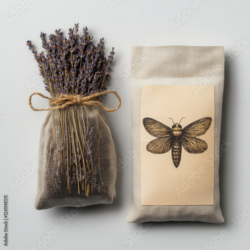 Dried lavender flowers in linen bag with moth repellent label next to decorative moth illustration photo