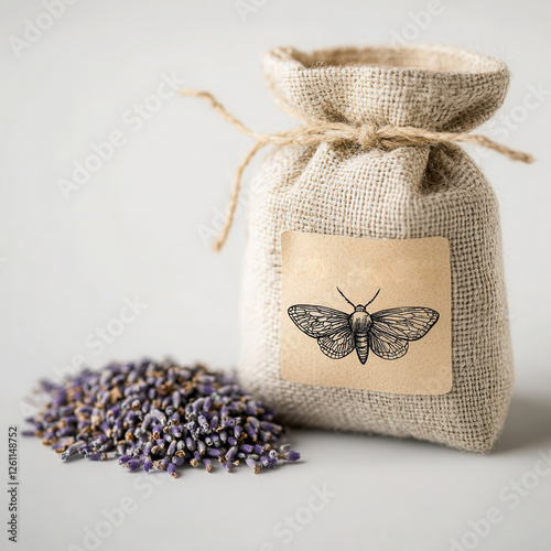 Dried lavender flowers in a linen bag labeled moth repellent with decorative moth illustration photo