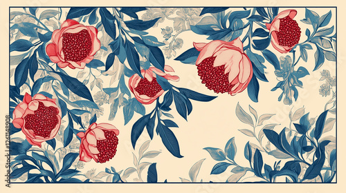 A decorative wallpaper featuring pomegranate fruits and twigs. Passover holiday card.