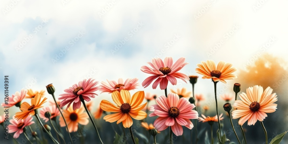 Fototapeta premium Watercolor fields display a variety of elegant flowers in pastel shades, creating a light and airy atmosphere suitable for invitations and greeting cards