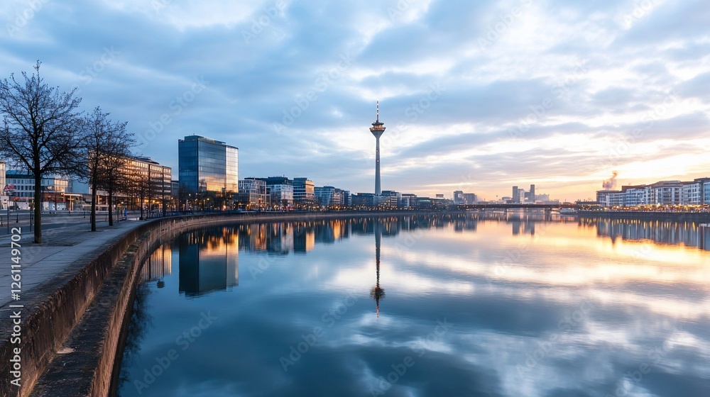 Cityscape sunrise reflection, modern architecture, calm waters