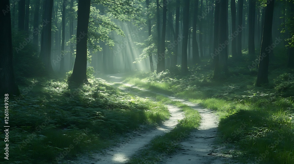 Obraz premium Sunbeams illuminate misty forest path