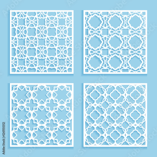 Templates for laser cutting, plotter cutting, printing. Square line patterns set. Geometric design cut out of paper. Mandala Islamic die cut ornament. Fretwork panels, cutout silhouette stencils