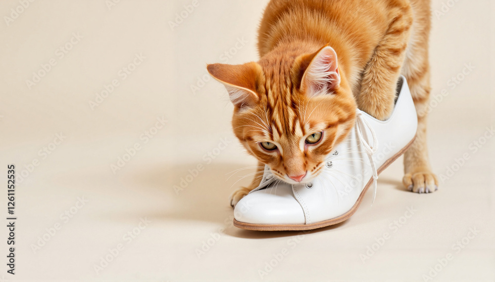 Naklejka premium Curious cat exploring a white shoe on a light background for playful moments