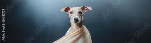A stylish greyhound stands confidently on a high-fashion runway adorned in a flowing silk gown with diamond details. The ambience is luxurious with dramatic lighting that enhances the elegance