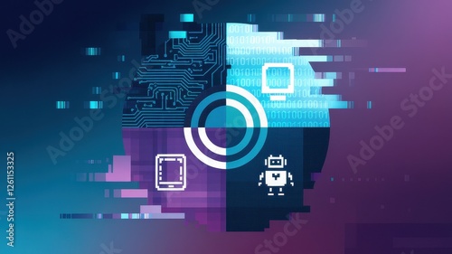 Abstract digital artwork depicting technology concepts, featuring a circuit pattern, robot, and computer chip against a vibrant purple background. photo