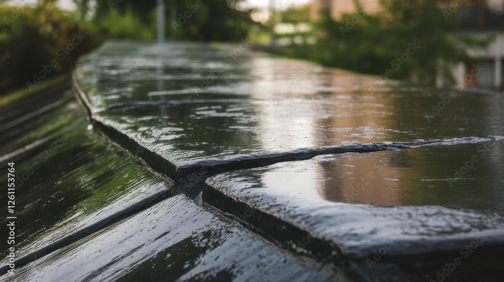 Fototapeta premium Close-up of a wet, glossy black roof with droplets of water glistening, reflecting the surrounding greenery, conveying a serene and fresh atmosphere.