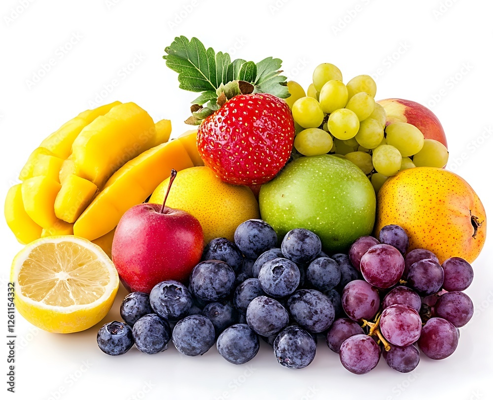 Colorful fruit arrangement, healthy eating, white background, studio shot, food photography Colorful fruit arrangement, healthy eating, white background, studio shot, food photography