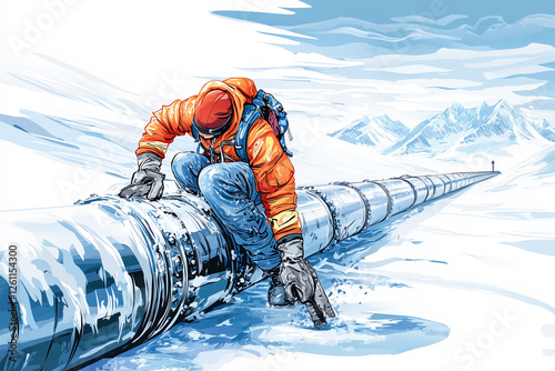 Worker in extreme cold conditions, inspecting or repairing a massive pipeline stretching into the distance. photo