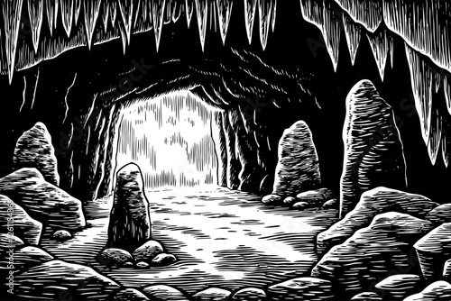 stony cave landscape black and white hand drawn sketch