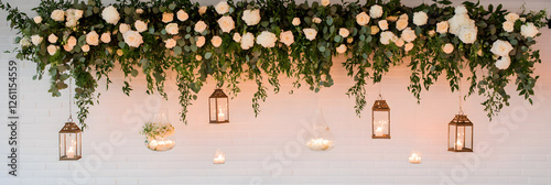 Elegant floral arrangement with hanging lanterns. Ideal for weddings or special events, adding a touch of warmth and sophistication. Beautiful roses and greenery.