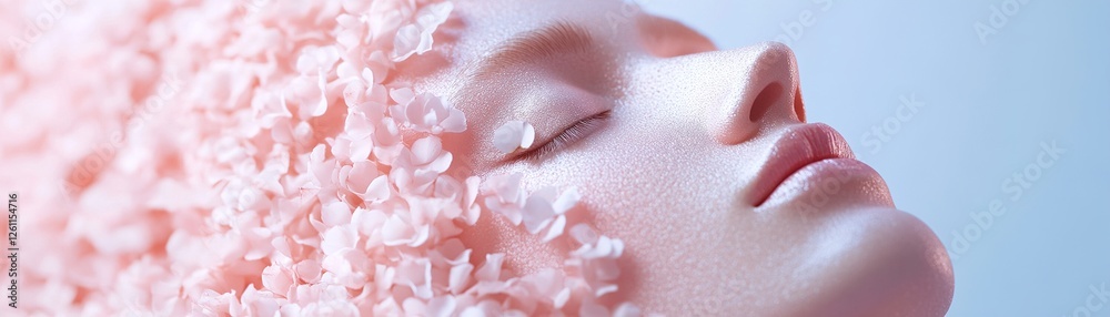 Fototapeta premium A softly illuminated face gradually transforms into a delicate mist of floating petals. This enchanting display symbolizes beauty and self-transformation in a serene setting