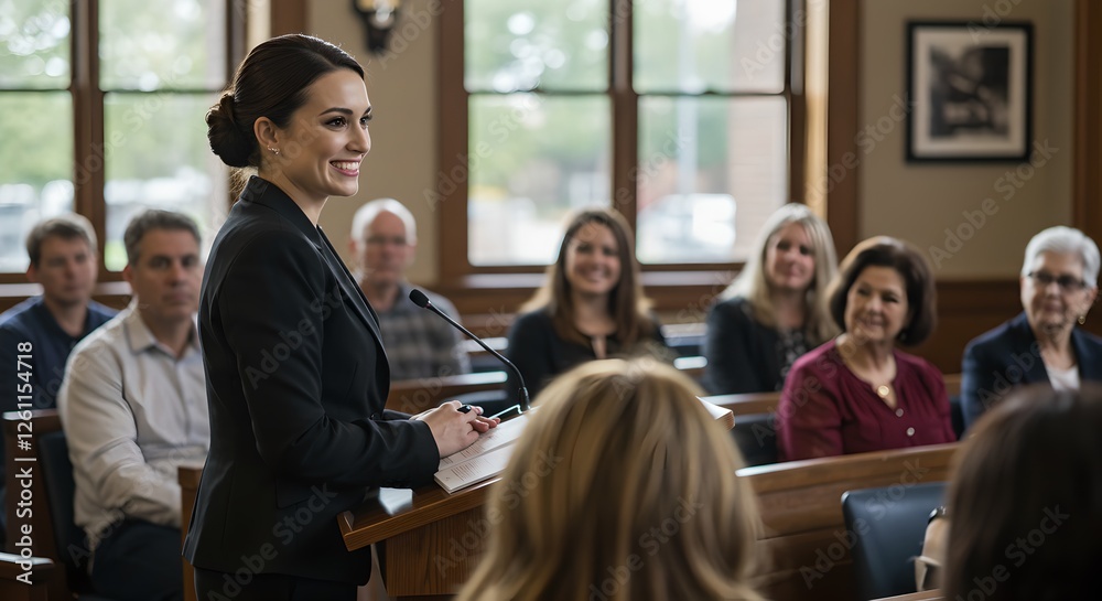 A Woman Confidently Addressing an Audience at a Town Hall Meeting, Engaging in Open Dialogue and Leading a Discussion on Community Issues and Solutions A Woman Confidently Addressing an Audience at a Town Hall Meeting, Engaging in Open Dialogue and Leading a Discussion on Community Issues and Solutions