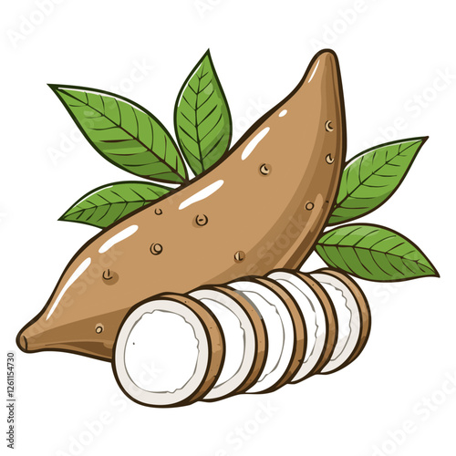 Tapioca root with leaves vector color illustration in line art style. Sketch drawing of cassava plant for making bubble tea. For packaging and design.