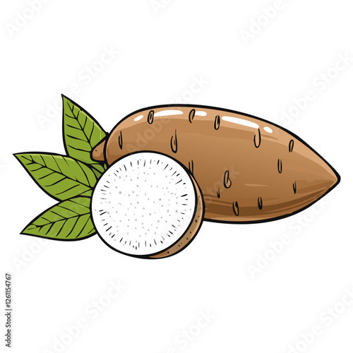 Tapioca root with leaves vector color illustration in line art style. Sketch drawing of cassava plant for making bubble tea. For packaging and design.