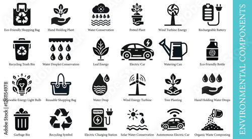 Collection of eco-friendly icons designed for sustainability and environmental awareness. Ideal for projects promoting green initiatives, nature conservation, and eco-conscious businesses.