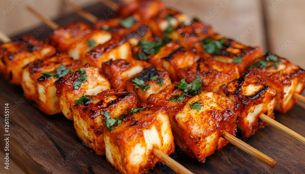 Vegetarian grilling. Vegetarian skewers with halloumi cheese and tomatoes on wooden background Vegetarian grilling. Vegetarian skewers with halloumi cheese and tomatoes on wooden background