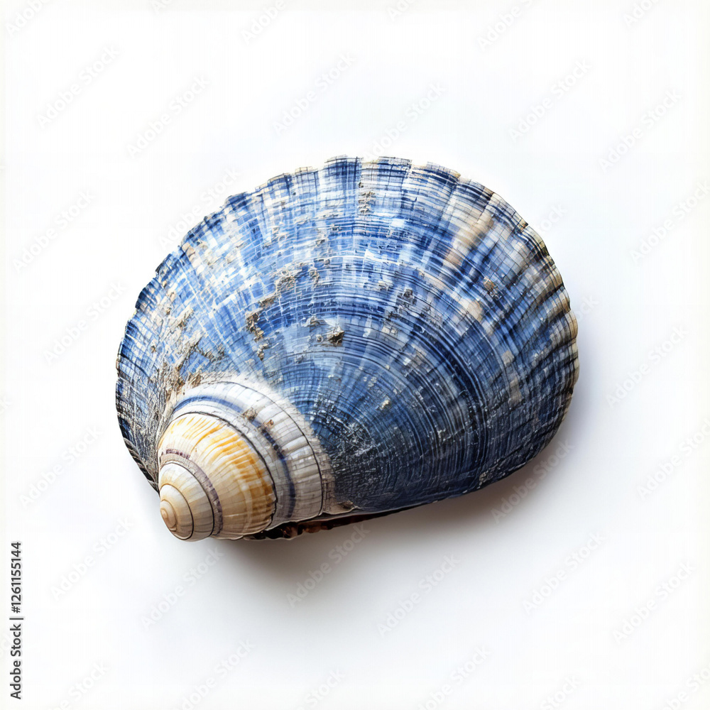 Blue and White Spiral Seashell, Side View on White Background, Studio Shot Blue and White Spiral Seashell, Side View on White Background, Studio Shot